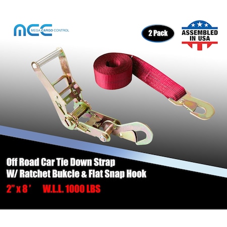 2 X 8' Off-Road Ratchet Tie Down Strap W/Snap Hook Auto Hauler Tow Truck Red, 2PK